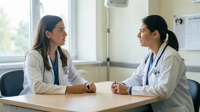 Imagem gerada por IA: Jovem conversa com uma médica em uma sala de atendimento.