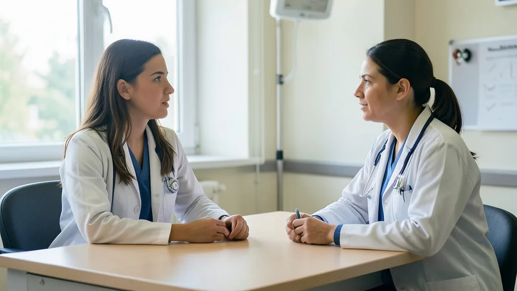 Imagem gerada por IA: Jovem conversa com uma médica em uma sala de atendimento.