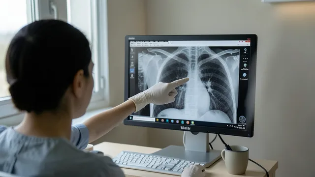 Imagem gerada por IA: Médico analisa uma tomografia dos pulmões em uma sala de atendimento.