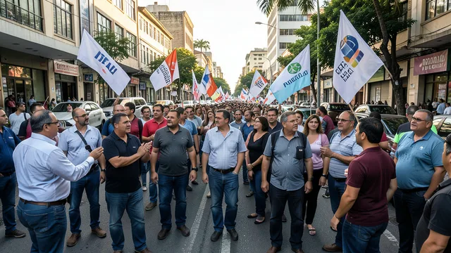 Candidatos e apoiadores conversam com eleitores durante uma caminhada de campanha em uma rua de Porto Alegre.