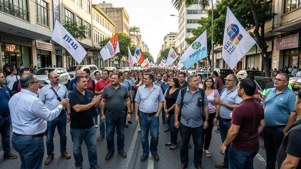 Imagem gerada por IA: Candidatos e apoiadores conversam com eleitores durante uma caminhada de campanha em uma rua de Porto Alegre.