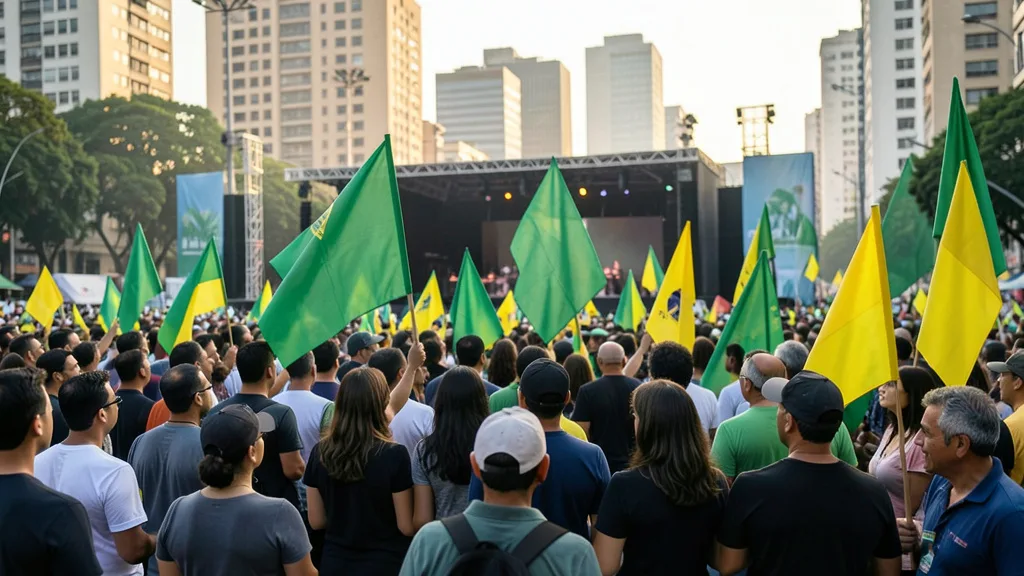 Apoiadores genéricos em uma mobilização eleitoral de rua, com bandeiras verdes e amarelas sem símbolos ou inscrições.