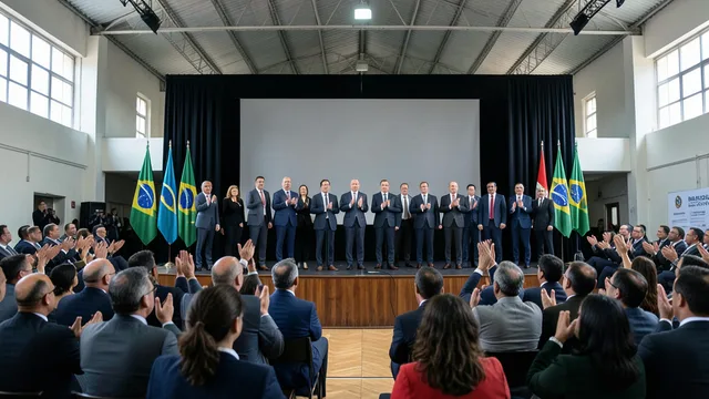 Público aplaude durante uma convenção política em um salão com bandeiras brasileiras.