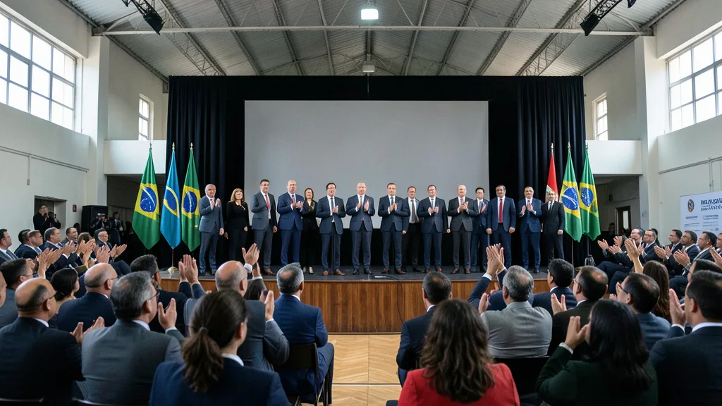 Público aplaude durante uma convenção política em um salão com bandeiras brasileiras.