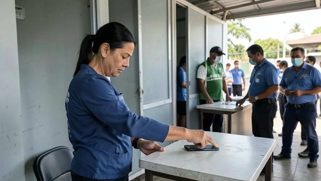 Imagem gerada por IA: Eleitor deixa o celular fora da cabine de votação, acompanhado por mesários.