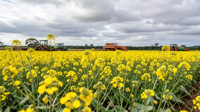 Imagem gerada por IA: Campo de canola no Rio Grande do Sul sob céu nublado durante a época da colheita.