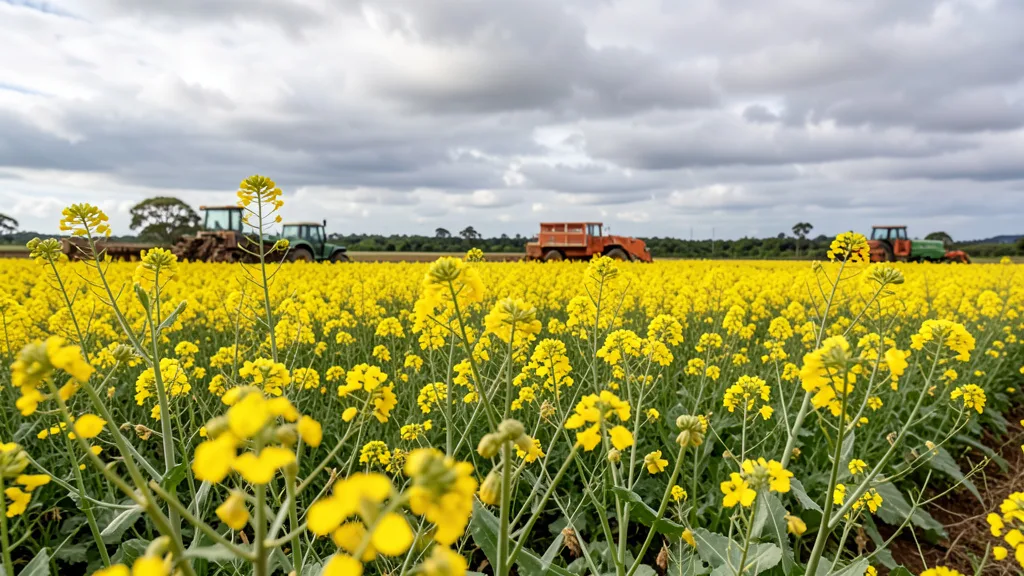 Imagem gerada por IA: Campo de canola no Rio Grande do Sul sob céu nublado durante a época da colheita.