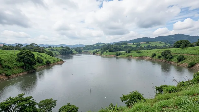 Imagem gerada por IA: Reservatório de água cheio após chuvas em São Paulo, com céu nublado ao fundo.