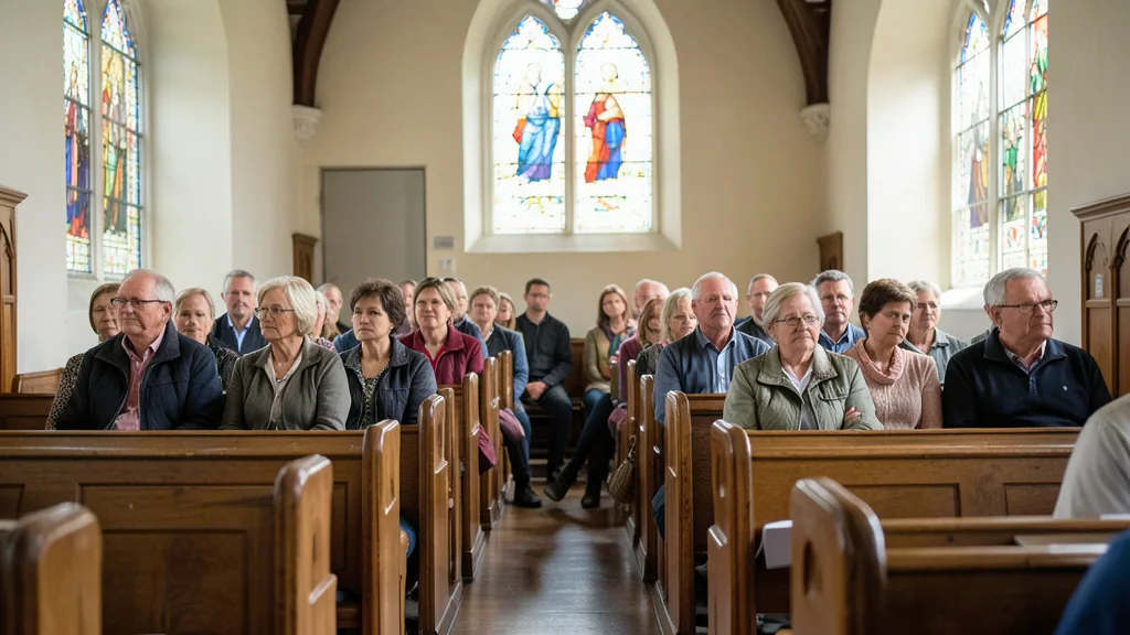 Imagem gerada por IA: Fiéis adultos de diferentes origens sentados nos bancos de uma igreja católica.