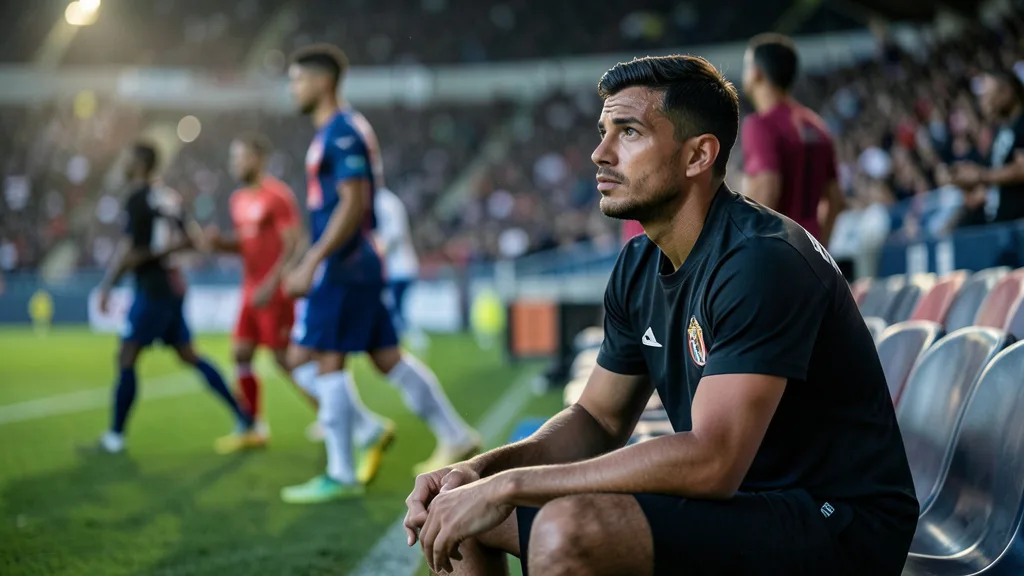 Imagem gerada por IA: Jogador de futebol sentado no banco de reservas e observando uma partida.