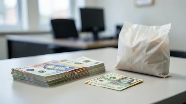 Imagem gerada por IA: Notas de reais e dólares sobre uma mesa ao lado de um envelope de evidências.