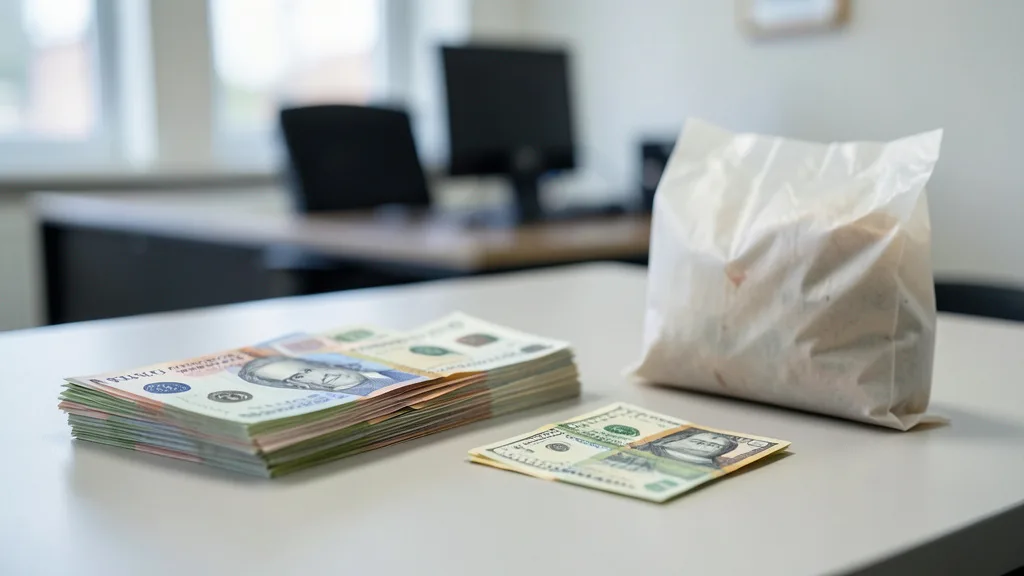 Imagem gerada por IA: Notas de reais e dólares sobre uma mesa ao lado de um envelope de evidências.