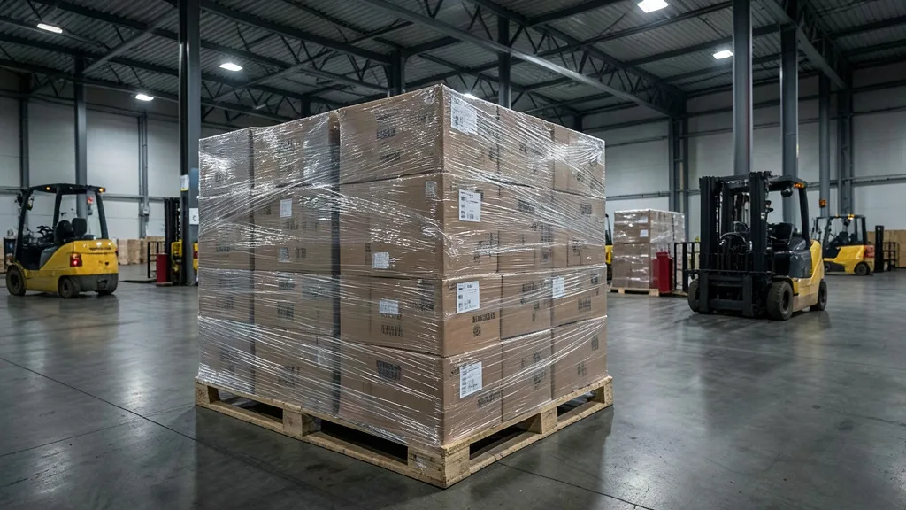 Imagem gerada por IA: Pallets de carga em um armazém de aeroporto, com equipamentos de movimentação ao fundo.