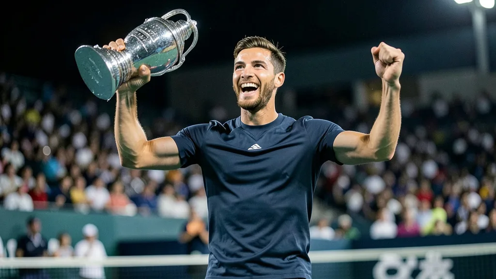 Imagem gerada por IA: Carlos Alcaraz comemora com o troféu após vencer a final do ATP de Tóquio.
