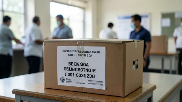 Imagem gerada por IA: Urna eleitoral em uma seção de votação, com eleitores ao fundo.