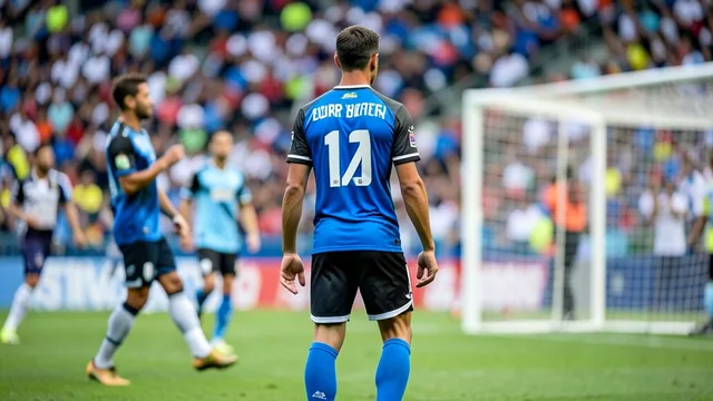Imagem gerada por IA: Atacante se posiciona na área enquanto companheiros se aproximam durante uma partida de futebol.