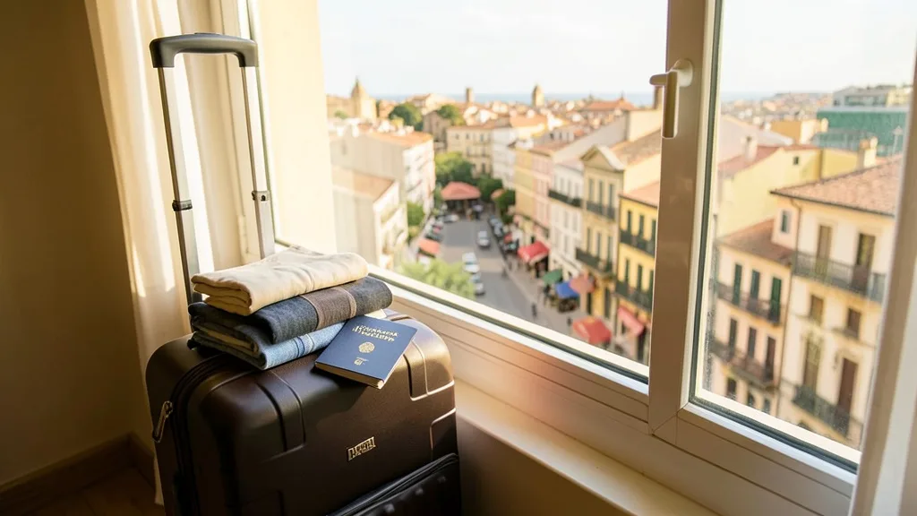 Imagem gerada por IA: Mala ao lado de uma janela com vista para uma cidade espanhola, simbolizando retorno e novos planos profissionais.