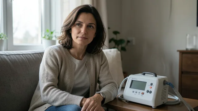 Imagem gerada por IA: Mulher sentada em casa ao lado de uma bomba médica, em um ambiente tranquilo.