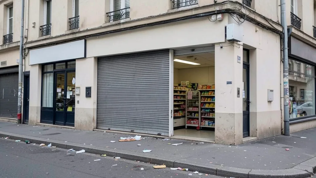 Imagem gerada por IA: Entrada de supermercado urbano na França com a porta de aço abaixada.