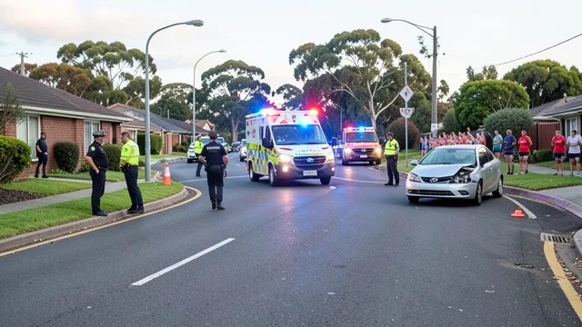 Policiais e ambulâncias atendem a ocorrência em uma rua isolada de Newcastle, na Austrália.
