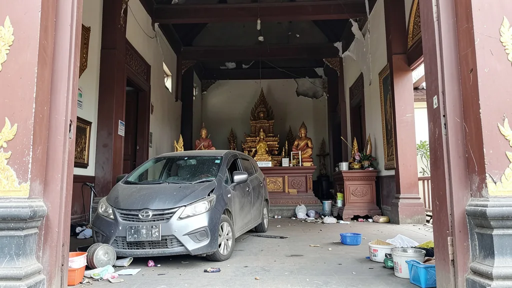 Carro elétrico cinza danificado dentro de um santuário em Bangcoc, próximo ao altar.