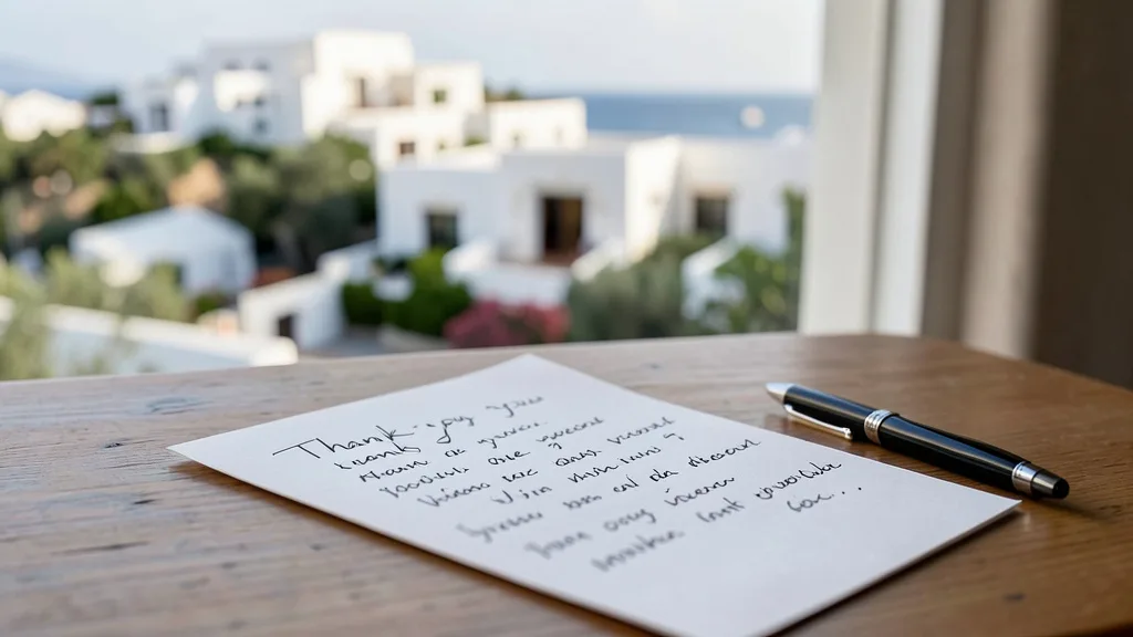 Imagem gerada por IA: Bilhete manuscrito sobre uma mesa em um resort grego, com uma caneta ao lado.
