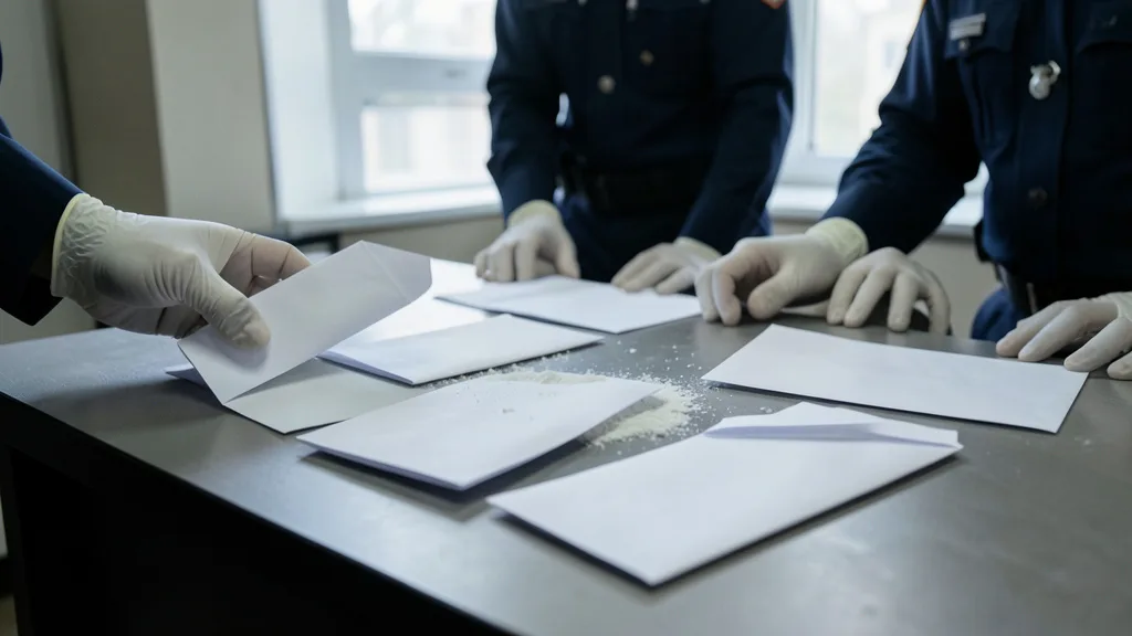 Imagem gerada por IA: Envelopes sem identificação são examinados em uma mesa de segurança.