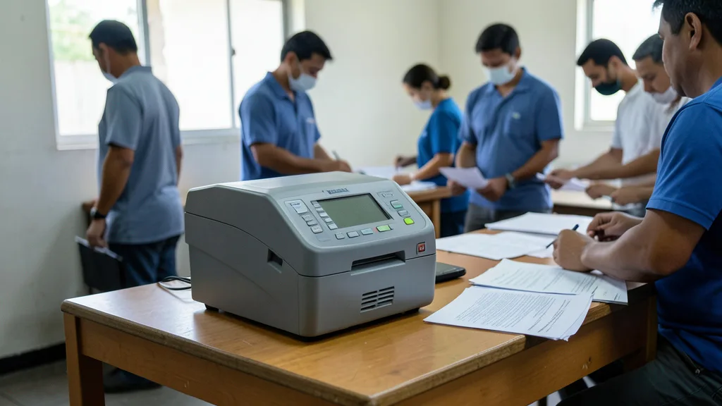 Imagem gerada por IA: Urna eletrônica em uma seção eleitoral após o encerramento da votação.