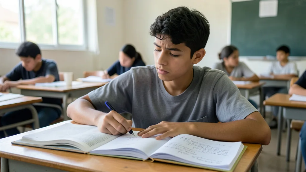 Imagem gerada por IA: Estudante revisa livros e anotações para se preparar para uma redação.