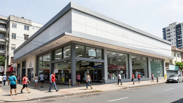 Imagem gerada por IA: Fachada de uma grande loja de varejo em uma rua movimentada.