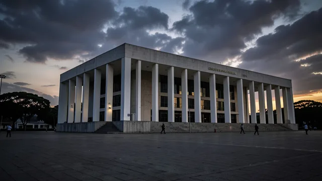Edifício do Supremo Tribunal Federal em Brasília ao entardecer, com a praça em primeiro plano.