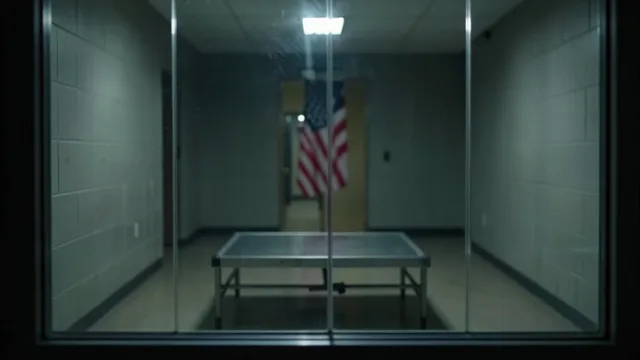 Imagem gerada por IA: Câmara de execução vazia vista através de uma divisória de vidro, com uma bandeira dos Estados Unidos ao fundo.
