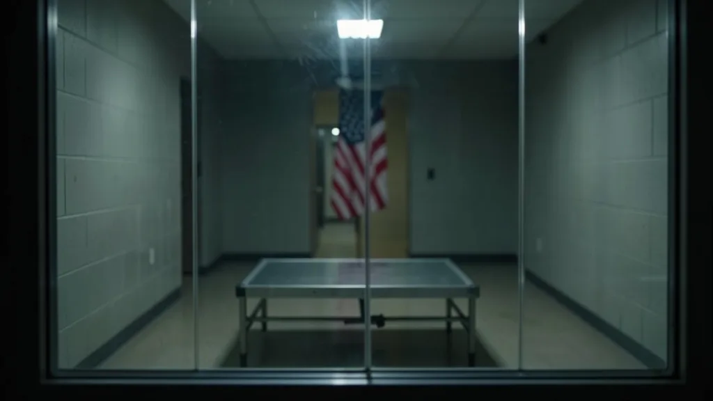 Imagem gerada por IA: Câmara de execução vazia vista através de uma divisória de vidro, com uma bandeira dos Estados Unidos ao fundo.