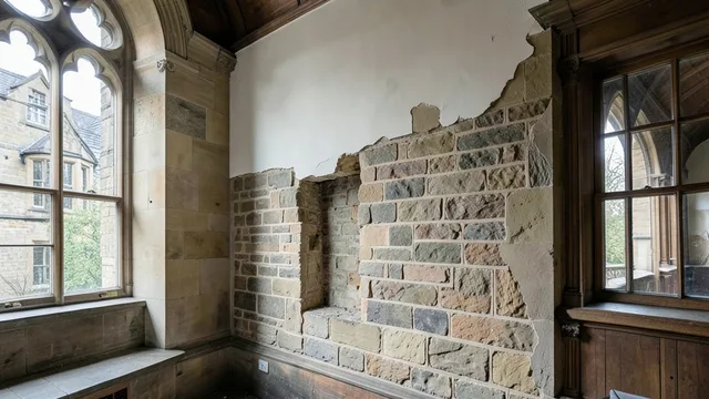 Imagem gerada por IA: Parede medieval de pedra revelada sob o reboco em um edifício histórico da universidade.