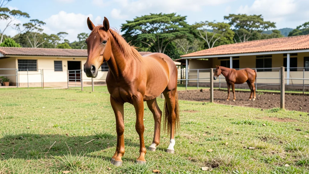Imagem gerada por IA: Cavalo em um piquete, com outro equino ao fundo, em área veterinária.