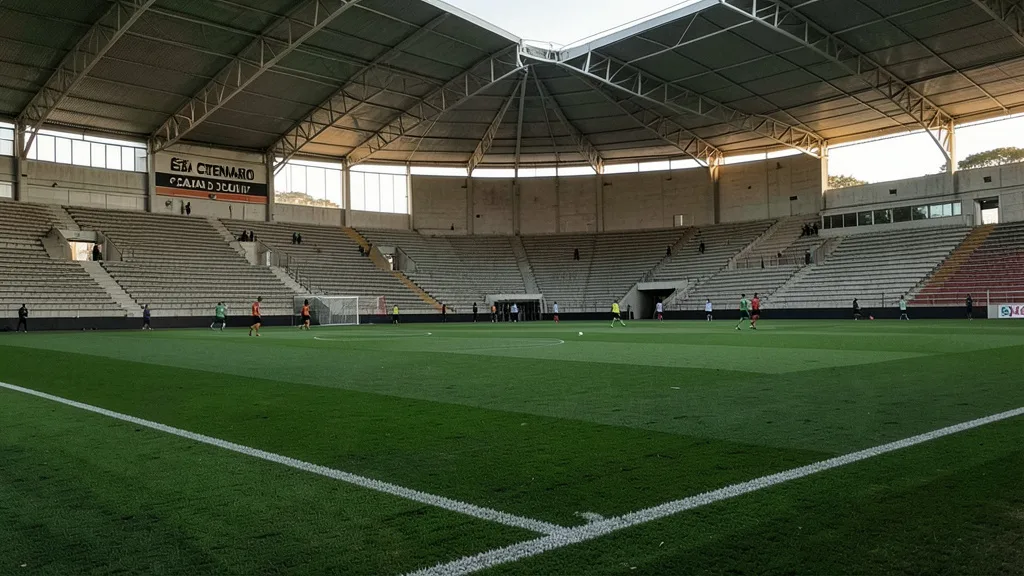 Imagem gerada por IA: Jogadores treinam ao longe no gramado do Estádio Centenário, em Caxias do Sul.