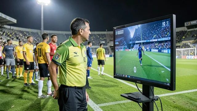 Imagem gerada por IA: Árbitro consulta o monitor do VAR à beira do campo durante uma partida de futebol.