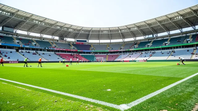 Imagem gerada por IA: Estádio de futebol vazio com trabalhadores preparando o campo para um torneio.