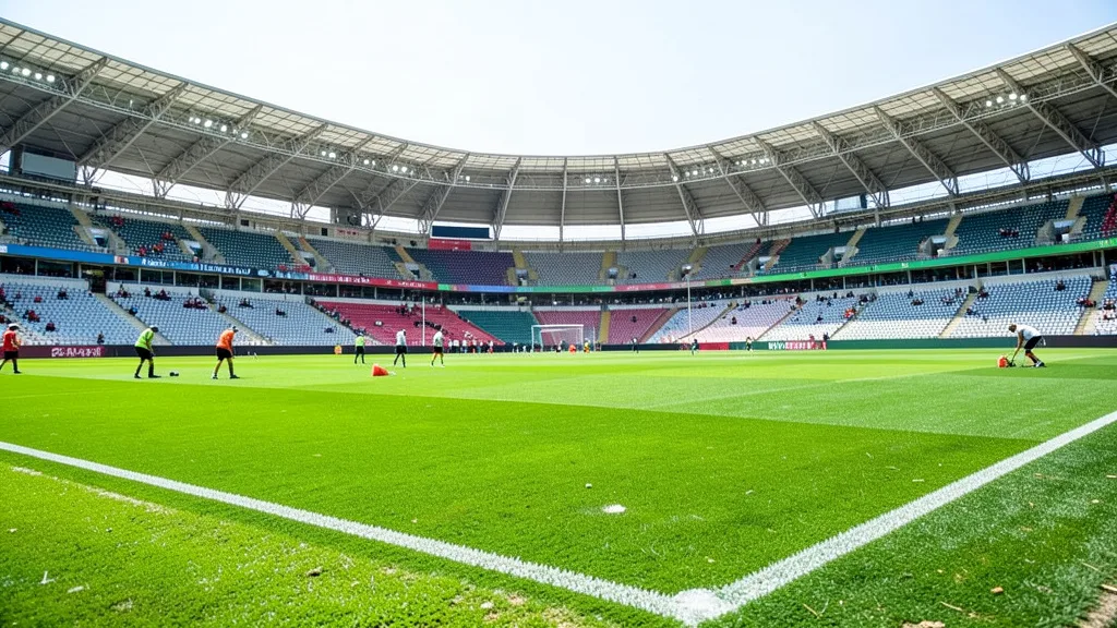 Imagem gerada por IA: Estádio de futebol vazio com trabalhadores preparando o campo para um torneio.