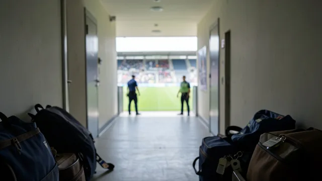 Imagem gerada por IA: Corredor de estádio com campo iluminado ao fundo e equipe de segurança ao longe.