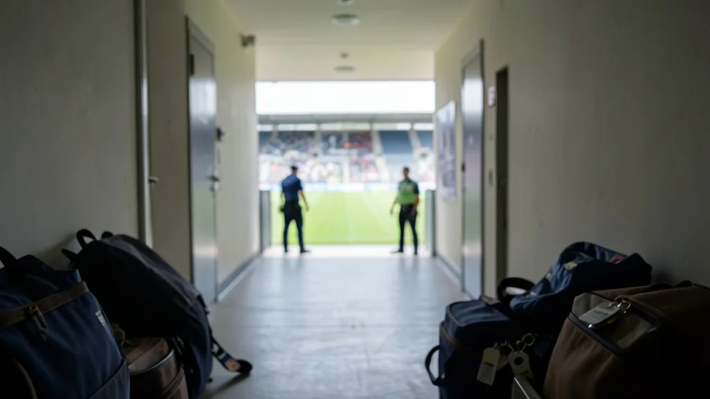 Imagem gerada por IA: Corredor de estádio com campo iluminado ao fundo e equipe de segurança ao longe.