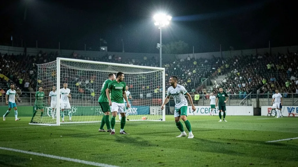 Imagem gerada por IA: Goleiro e atacante disputam a bola perto da área durante uma partida de futebol.