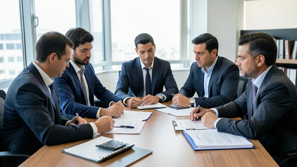Imagem gerada por IA: Profissionais analisam documentos tributários e fazem cálculos em uma mesa de reunião.