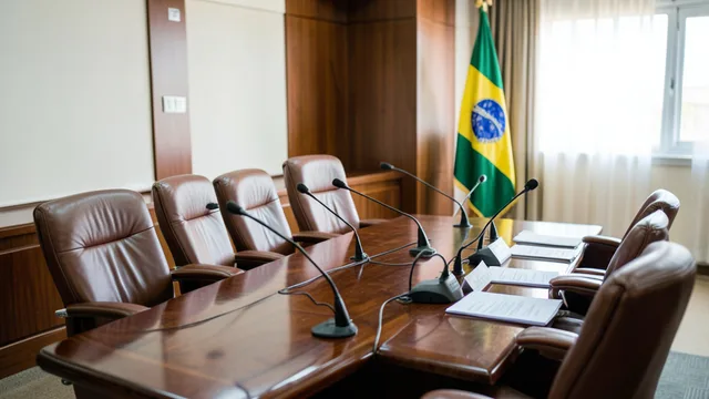 Imagem gerada por IA: Sala de comissão do Senado preparada para uma sessão sobre segurança pública.