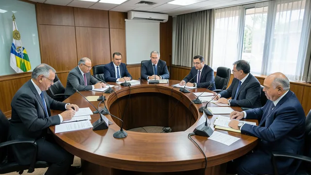 Imagem gerada por IA: Senadores analisam documentos durante reunião de uma comissão no Senado.