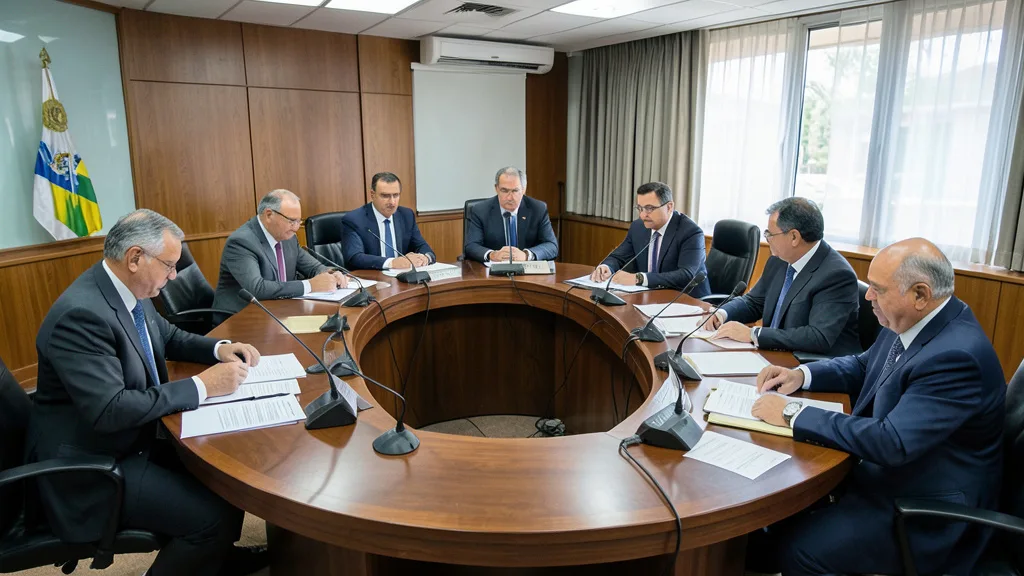 Imagem gerada por IA: Senadores analisam documentos durante reunião de uma comissão no Senado.