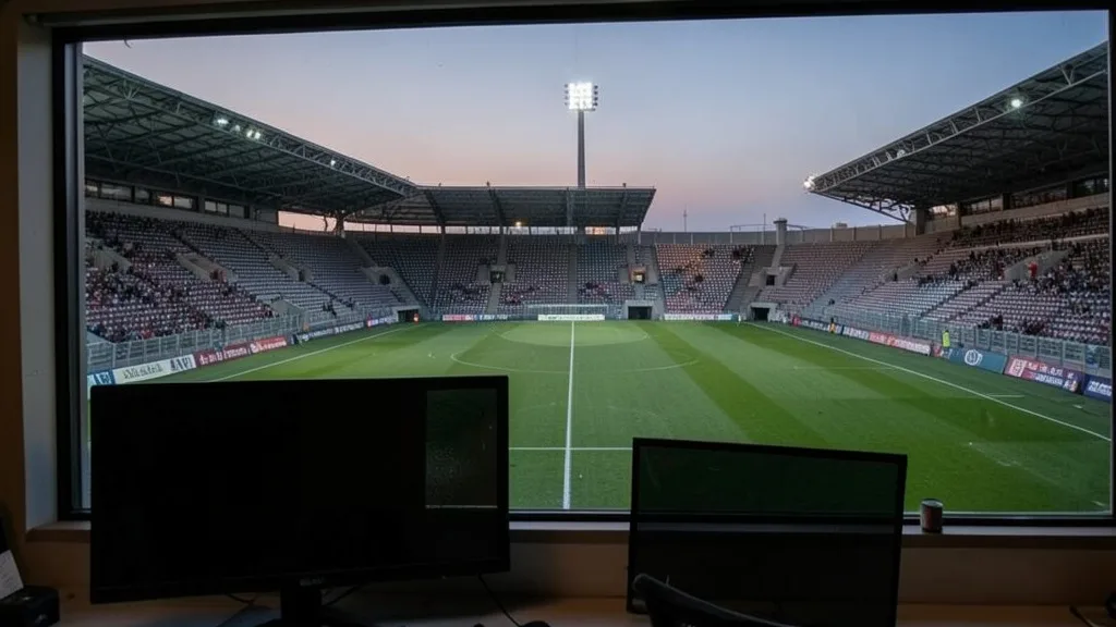Imagem gerada por IA: Estádio de futebol visto de uma sala de transmissão, com um monitor desligado em primeiro plano.