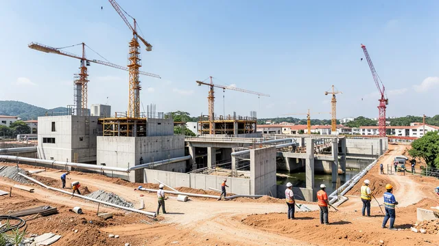 Imagem gerada por IA: Canteiro de obras de uma estação de tratamento de água, com estruturas de concreto, tubulações e equipamentos de construção.