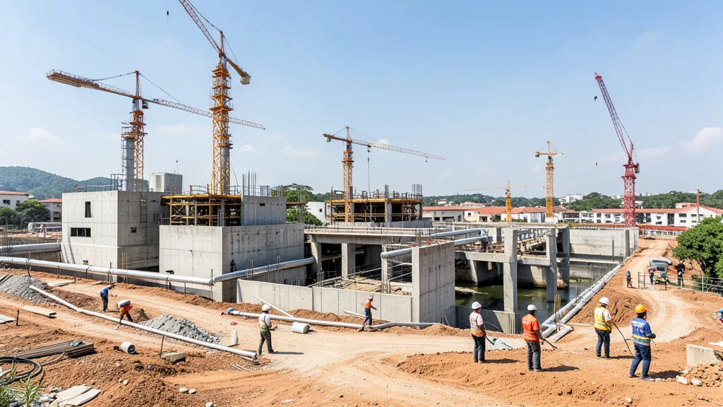 Imagem gerada por IA: Canteiro de obras de uma estação de tratamento de água, com estruturas de concreto, tubulações e equipamentos de construção.