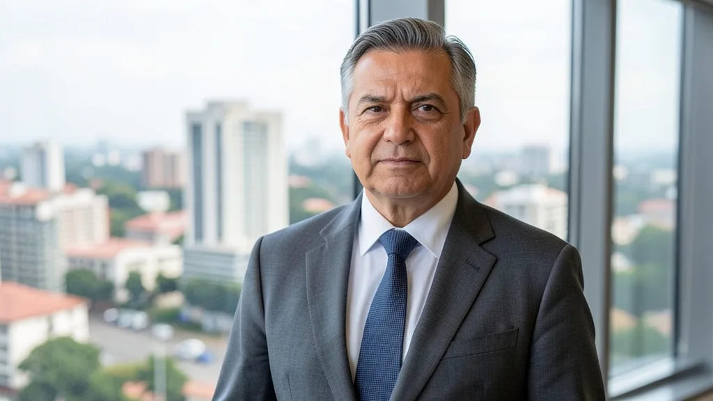 Imagem gerada por IA: Celso Amorim em retrato neutro em seu local de trabalho.